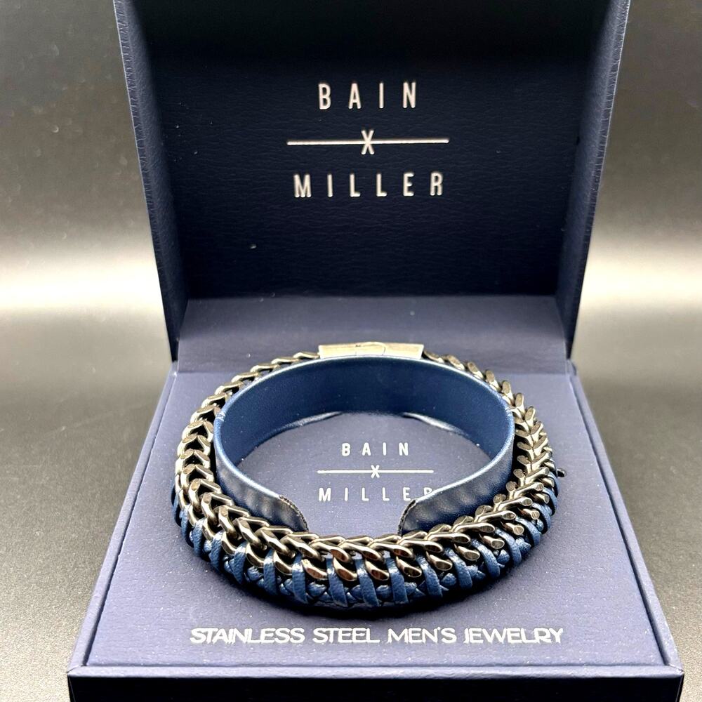 Bain Miller Mens Stainless Steel Blue Leather Woven Bracelet Slide Lock Clasp